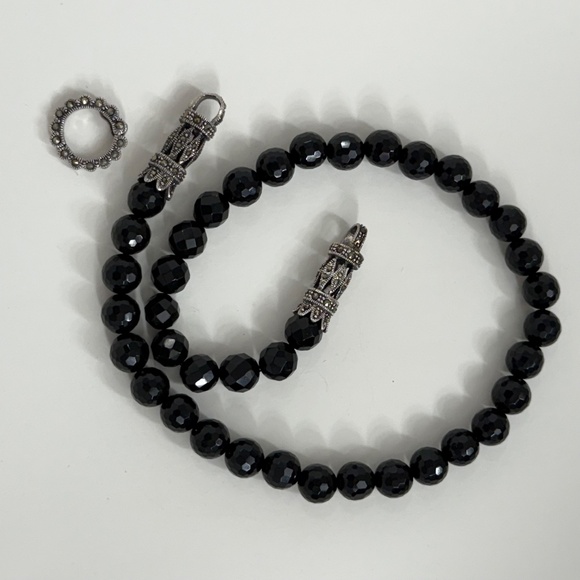 Vintage Black Onyx & Sterling Silver Marcasite Clasp Bail Necklace 8.5" Long - Picture 10 of 13